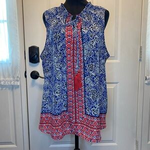 Zac & Rachel Sleeveless Blue and Red Boxy Tie Front Blouse Sz 2X